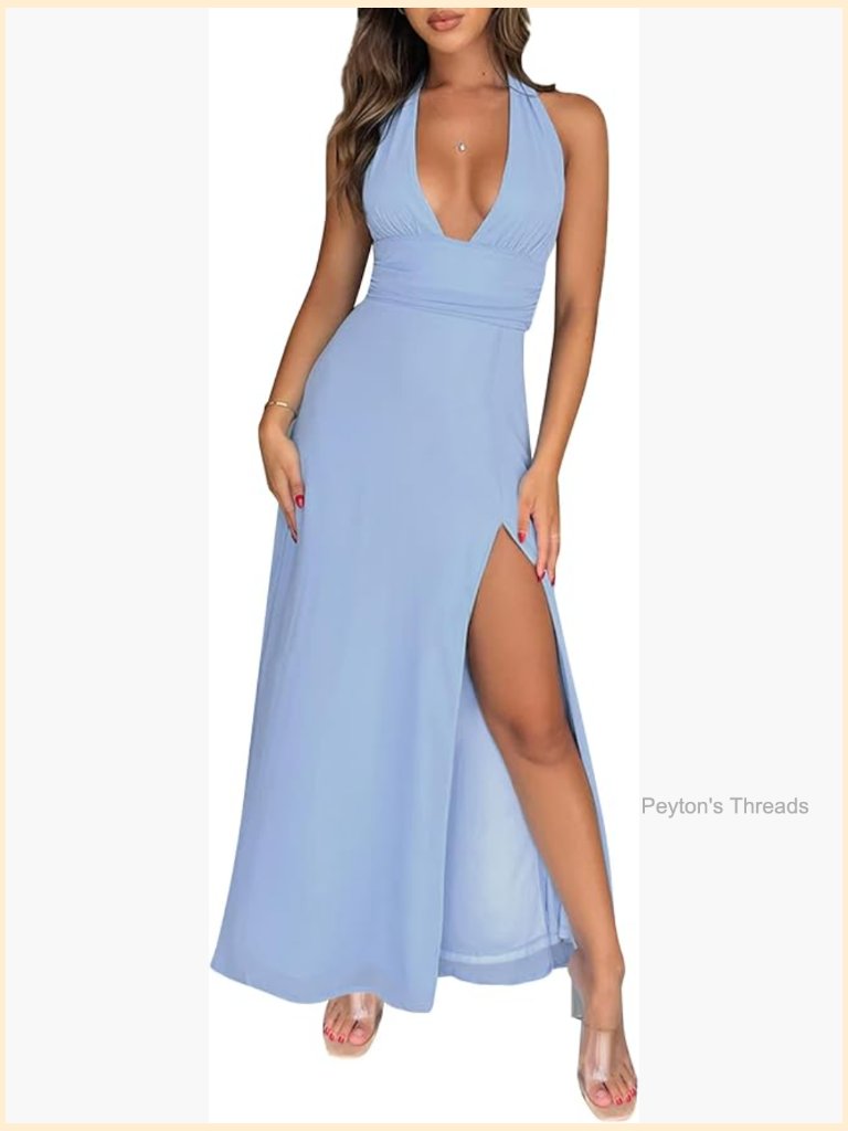 Sexy V Neck Halter Maxi Dress Ruched Waist Tie Backless Slit Wedding Cocktail